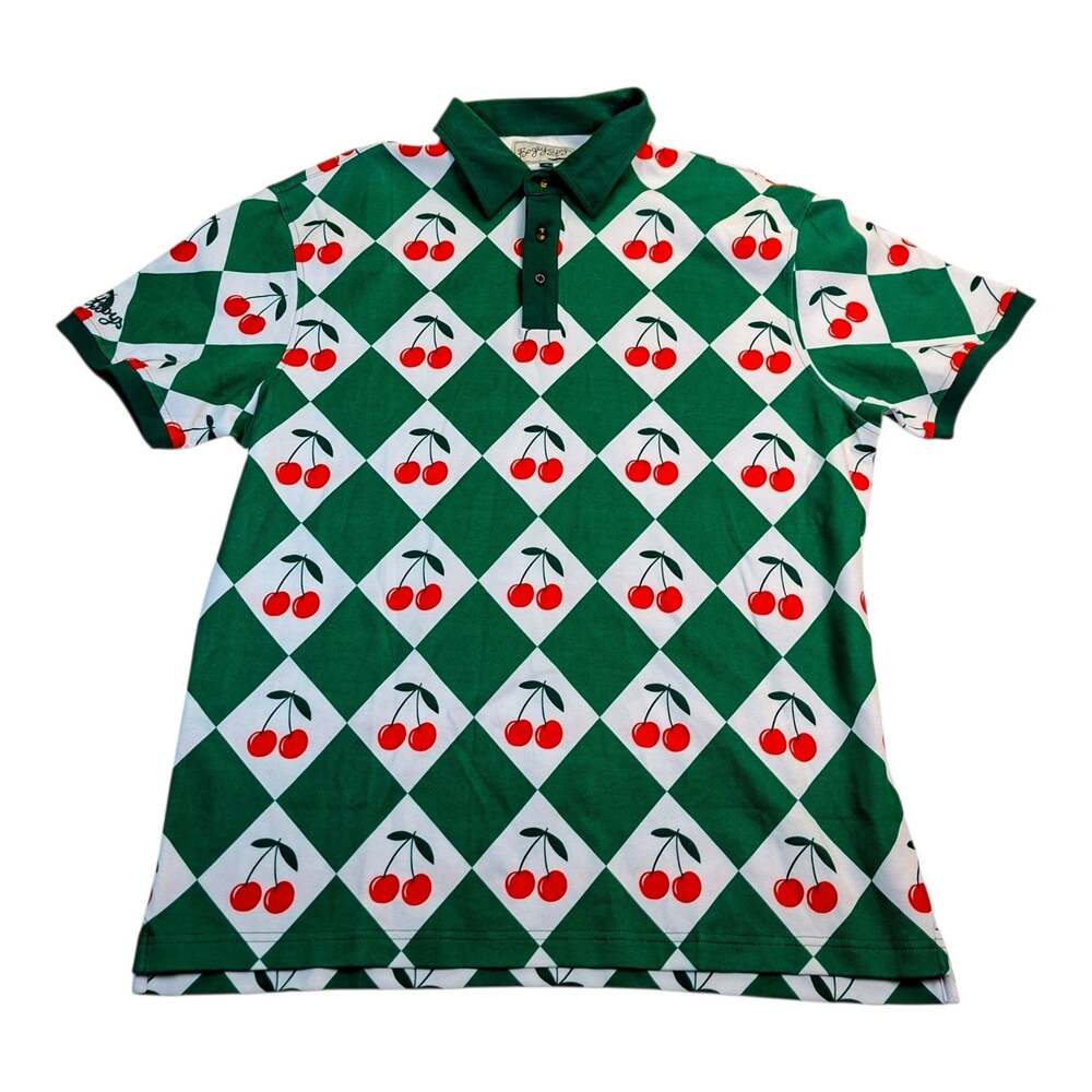 Bogey Boys Polo Shirt Mens XL Green White Cherry Argyle Diamond Short Sleeve